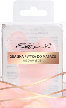 Gua Sha Ewa Schmitt, różowy jadeit, w kształcie serca, w przezroczystym pudełku, widok z przodu.