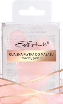 Gua Sha Ewa Schmitt, różowy jadeit, w kształcie serca, w przezroczystym pudełku, widok z przodu.