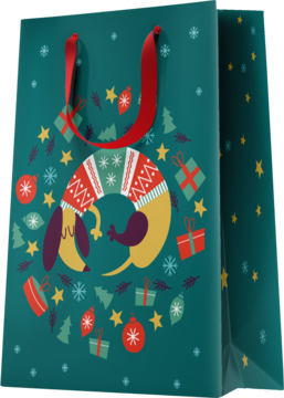 Świąteczna turkusowa torba prezentowa z psem w swetrze, śnieżynkami i czerwonymi uchwytami, widok z przodu.