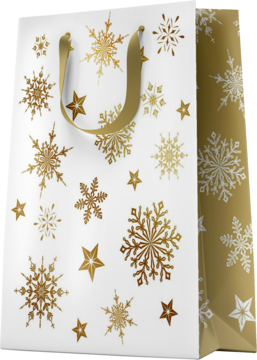 Biała torebka prezentowa ze złotymi płatkami śniegu i gwiazdkami, z uchwytami z złotej wstążki, widok pod kątem.