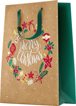 Brązowa torba prezentowa świąteczna z zielonymi uchwytami, zdobiona kolorowym wieńcem 'Merry Christmas'.