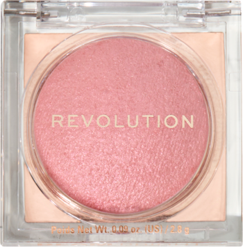 Revolution Beam Bright Blush Pink Party, różowy perłowy róż w kwadratowym kompakcie, widok z góry.