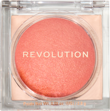 Revolution Beam Bright Blush Peach Pop, mieniący się róż w okrągłej patelni, w przezroczystym kwadratowym opakowaniu, widok z góry.