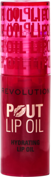 Revolution Pout Lip Oil Cherry Red, hydratujący, w błyszczącej, ciemnoczerwonej butelce z lip print.