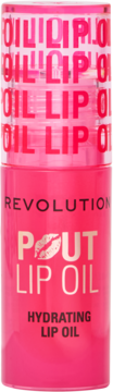 Jasnoróżowy Revolution Pout Lip Oil, nawilżający olejek do ust w butelce z transparentnym wieczkiem, widok z przodu.