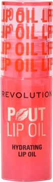 Revolution Pout Hydrating Lip Oil w różowej butelce, z ikoną ust i tekstem LIP OIL, widok z przodu.