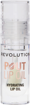Revolution Pout Hydrating Lip Oil w przezroczystej butelce z jasnym płynem, napis w kolorze różowego złota. Widok z przodu.