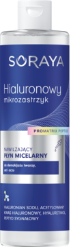 Soraya Hialuronowy Mikrozastrzyk Nawilżający Płyn Micelarny z kwasem hialuronowym, srebrno-niebieska butelka, widok z przodu.