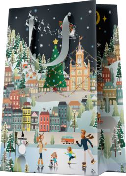 Świąteczna torba prezentowa z ilustracją zimowego miasteczka, lodowiska z ludźmi i saniami Mikołaja.