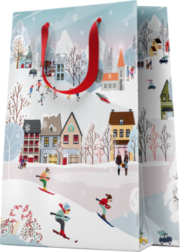 Biała torba prezentowa z zimowym pejzażem: ośnieżone domy, narciarze, łyżwiarze, czerwone uchwyty. Widok z przodu.