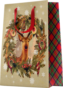 Beżowa torba prezentowa świąteczna z jeleniem w wieńcu, śnieżynkami, czerwoną kratą i uchwytami.