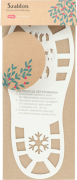 Biały szablon dekoracyjny w kształcie śladu buta ze śnieżynką, na brązowym opakowaniu z motywem jemioły.