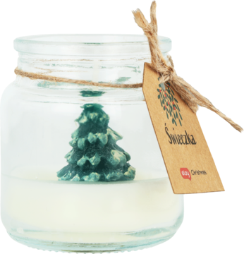 Eloy świeczka choinka 38g: szklany słoik z zieloną choinką, przewiązany sznurkiem z etykietą.