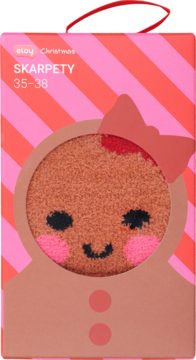 Miękkie, puszyste skarpetki Eloy Christmas 35-38 w różowo-czerwonym pudełku z piernikowym ludzikiem.