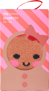 Skarpetki świąteczne Eloy: puszyste, brązowe z motywem ludzika piernika, w różowo-czerwonym pudełku, rozmiar 39-42.