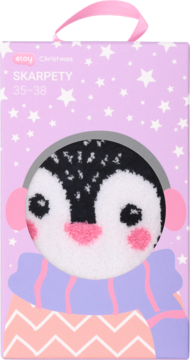 Skarpetki Eloy Christmas 35-38, puszyste pingwiny z różowymi nausznikami, widoczne w różowym pudełku.