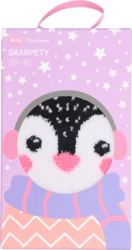 Różowe opakowanie skarpet Eloy Christmas z pingwinem w nausznikach i szaliku, rozmiar 39-42, widok z przodu.