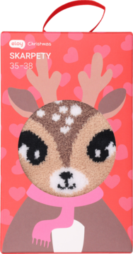 Czerwone opakowanie skarpet Eloy Christmas 35-38, z puszystym reniferem w różowym szaliku na tle serc.