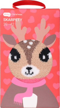 Czerwone pudełko skarpet Eloy 39-42 z puszystym reniferem w różowym szaliku, widok z przodu.