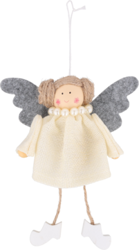 Dekoracja świąteczna: uśmiechnięty aniołek z włóczkowymi włosami, kremową sukienką, szare skrzydła i perły.