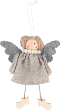 Wiszący aniołek dekoracyjny, widok z przodu. Materiałowa ozdoba z szarą sukienką, perłami i drewnianymi detalami.