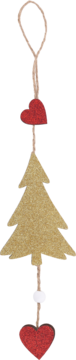 Złota brokatowa ozdoba świąteczna w kształcie choinki z dwoma czerwonymi sercami, zawieszona na sznurku.