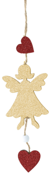 Wisząca ozdoba: beżowy brokatowy aniołek, dwa czerwone serca, połączone sznurkiem i białym koralikiem, widok z przodu.