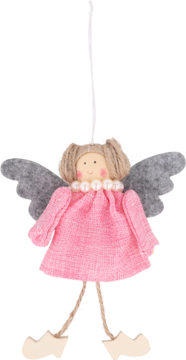 Ręcznie robiona zawieszka aniołek w różowej sukience, szarych skrzydłach i drewnianymi butami, widok z przodu.