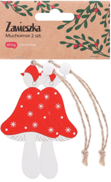 Dwie czerwono-białe zawieszki świąteczne muchomory, kapelusze z płatkami śniegu, białe nóżki, jutowe sznurki. Z opakowaniem.