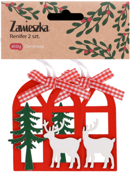 Dwie czerwone zawieszki świąteczne z białymi reniferami i kokardami w kratkę, na brązowym opakowaniu.