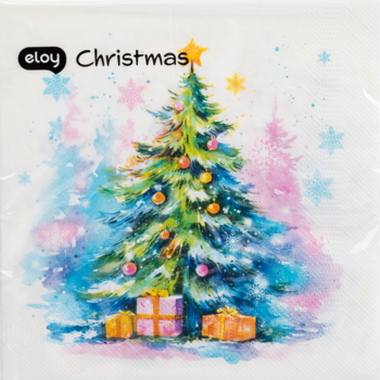 Dekoracyjne serwetki papierowe Eloy, akwarelowy obrazek świątecznej choinki z prezentami na tle błękitnych i różowych śnieżynek.
