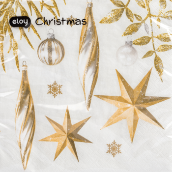 Biała serwetka papierowa Eloy świąteczna, ze złotymi bombkami, gwiazdkami i gałązkami. Widok z góry.