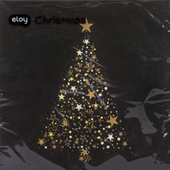 Czarna serwetka papierowa dekoracyjna z błyszczącą choinką ze złotych gwiazd, w folii ochronnej, widok z przodu.