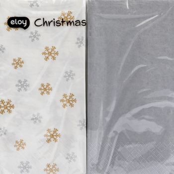 Dekoracyjne serwetki papierowe Eloy Christmas, białe ze złotymi i srebrnymi płatkami śniegu, widok z przodu.