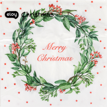 Biała serwetka papierowa dekoracyjna Eloy z zielonym wieńcem, czerwonym napisem Merry Christmas i gwiazdkami.