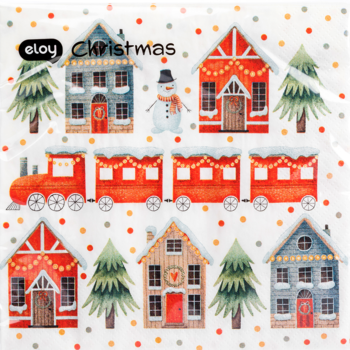Biała serwetka papierowa Eloy 'Christmas' z zimowym motywem: domki, pociąg, bałwan i choinki.