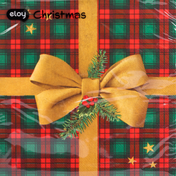 Serwetka papierowa dekoracyjna. Wzór zielono-czerwonej kraty z dużą złotą kokardą, gałązką igliwia i gwiazdkami.