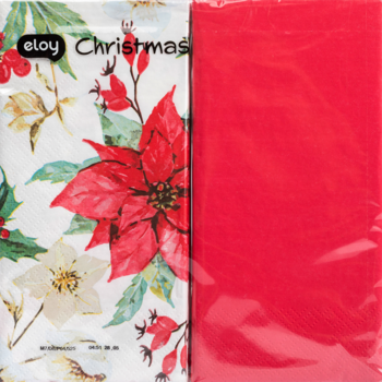 Serwetki papierowe świąteczne eloy: jedna paczka z czerwonymi poinsecjami, druga jednolita czerwona.