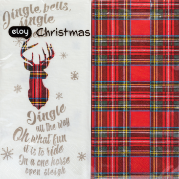 Dekoracyjne serwetki papierowe bożonarodzeniowe: biała z jeleniem, płatkami śniegu i tekstem, obok czerwona krata.