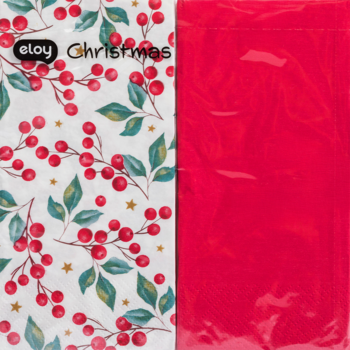 Świąteczna serwetka papierowa dekoracyjna Eloy, biała z czerwonymi jagodami, zielonymi liśćmi i gładką czerwoną częścią.