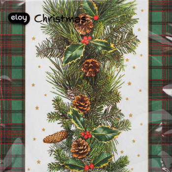 Dekoracyjna serwetka papierowa z pionową świąteczną girlandą: zielone igły, szyszki, czerwone jagody i gwiazdki.
