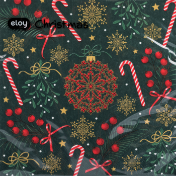 Serwetki papierowe dekoracyjne, ciemnozielone, z motywem świątecznym: czerwone laski cukrowe, złote płatki śniegu i bombka.