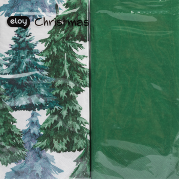 Dekoracyjne serwetki papierowe Eloy Christmas. Dwie paczki, jedna z motywem zimowych sosen, druga zielona.