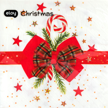 Dekoracyjna biała serwetka papierowa z czerwoną kokardą w kratę, laską cukrową i brokatowymi gwiazdkami świątecznymi.