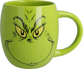 Grinch kubek ceramiczny zielony 500ml z twarzą Grincha o złowrogich brwiach i uśmiechu, widok z przodu.