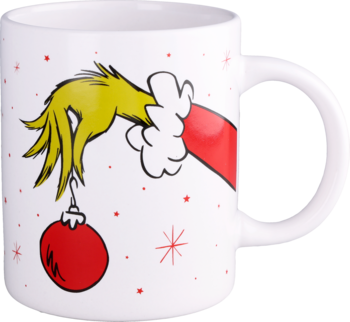 Kubek Grinch, biały, ceramiczny, z grafiką zielonej dłoni Grincha w czerwonym rękawie, trzymającej bombkę.