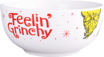 Biała ceramiczna miska Grinch z czerwonym napisem "Feelin' Grinchy" i żółto-zieloną twarzą Grincha, widok z boku.