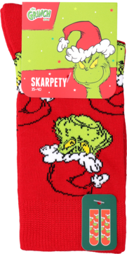 Czerwone skarpety Grinch z motywem postaci, rozmiar 35-40, widoczne opakowanie z logo, z przodu.