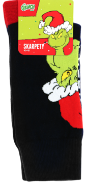Czarne skarpety Grinch z czerwoną lamówką i zieloną metką z wizerunkiem Grincha w czapce Mikołaja.
