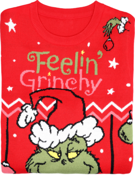 Czerwony damski sweter Grinch z dużym nadrukiem Grincha w czapce Mikołaja i napisem 'Feelin' Grinchy', widok z góry.